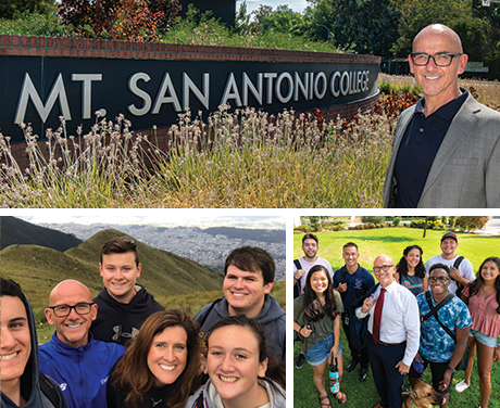 Peter Hidalgo before the Mt. San Antonio Sign, with family, and with students whom he mentors. 